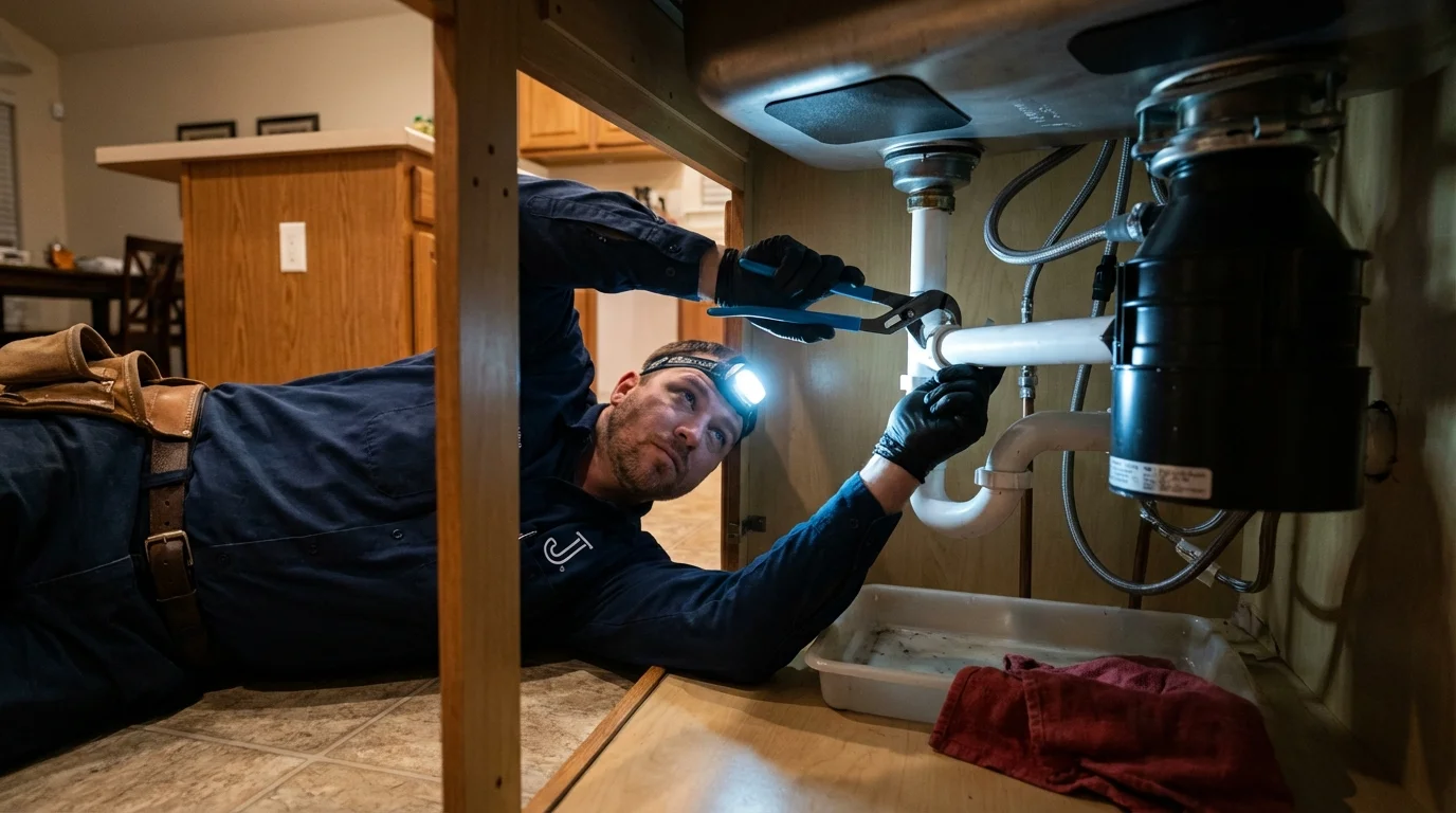 P-trap and supply line connections under a kitchen sink showing a common leak point in Mount Carmel, PA